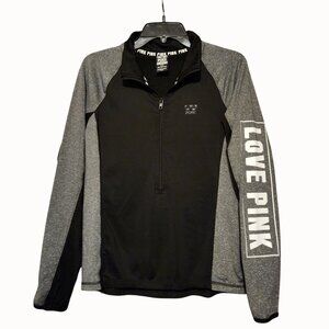 Victorias Secret Pink Half-Zip Pullover Black & Gray Love Pink Sleeve Logo M